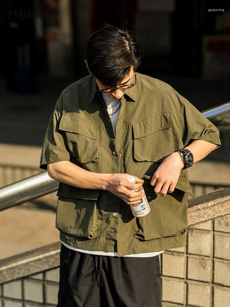 Jackets de jaquetas masculinas Moda Moda All-Match Japanese estilo safari de meia manga Sólida de colarinho virado de gola de streetwear