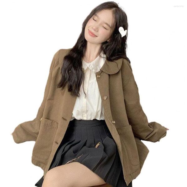 Jackets feminino Casaco feminino Casaco feminino Chique Cola de boneca de inspiração coreana com bolsos grandes de trespassados ​​soltos para mulheres de outono da primavera