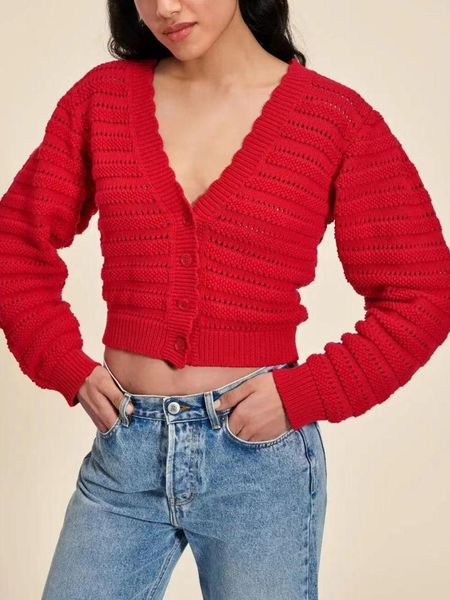 Damen-Strick Red Strick Pullover hohl aus Baumwolle V-Ausschnitt Langer Puffhülsen Single Breace weibliche Kurztyp-Strickjacke 2023 Herbst