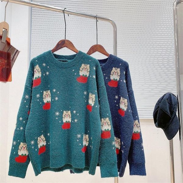 Frauenpullover Weihnachtsstil Kätzchen Jacquard Pullover Pullover Frauen 2023 Frühlingspops Koreanisch Lose weiche Wachsstrickwege