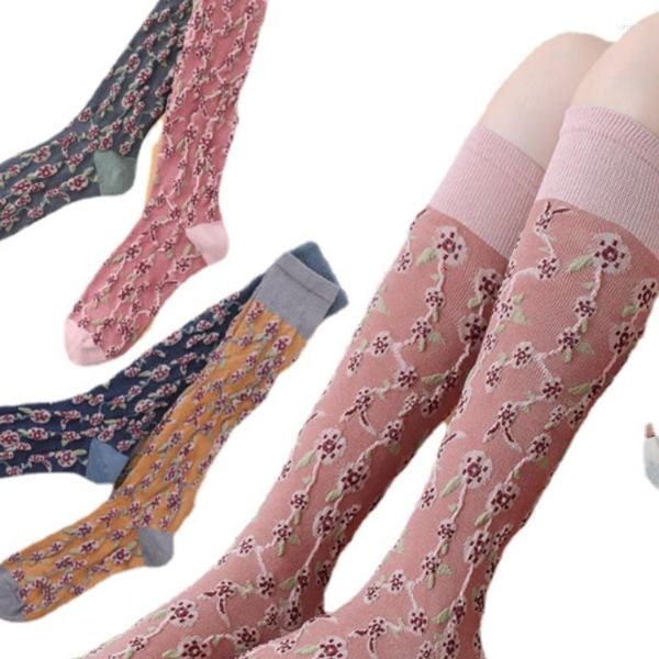 Donne calze di cotone termico lingerie coreano ricamo fiorito coscia alta calza lunga giapponese kawaii studente ginocchio carino