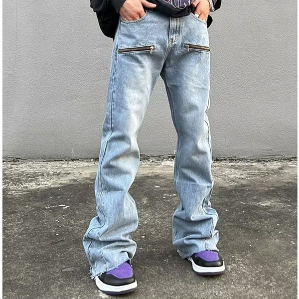 Herren Jeans Y2K Fashion Reißverschluss Retro gewaschener Baggy Flare Jeans Hosen Herren Streetwear Hip Hop Wide Bein Straight Denim Hosen Ropa Hombre 230818