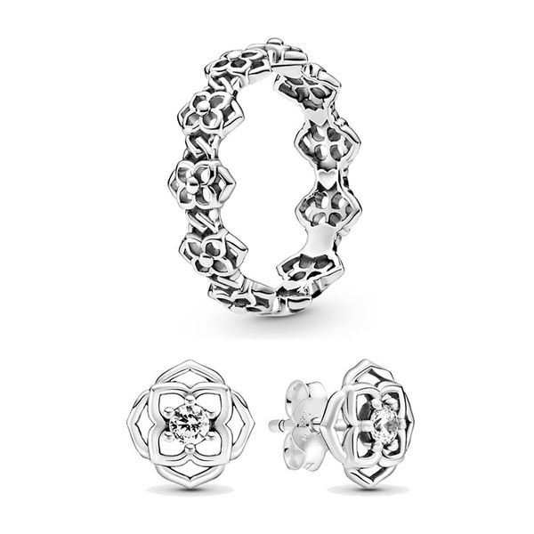 Rose Blütenstift Ohrringe und Ring -Set für Pandora Real 925 Sterling Silber Designer Schmuck Set für Frauen Mädchen Valentinstag Geschenkringe Ohrring mit Originalschachtel