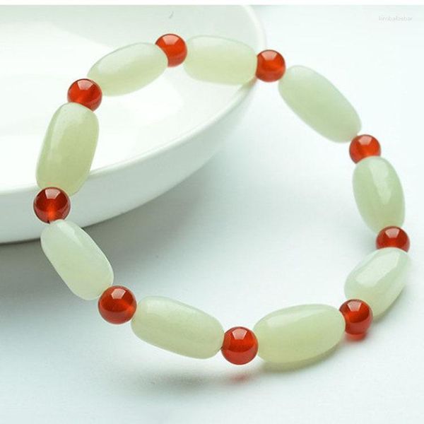 Strand Natural Hetian Jades Bracelet Мужчины женщины прекрасные ювелирные украшения искренние китайские нефриты сырые нефритовые косточки из камней -бусины эластичные браслеты браслеты