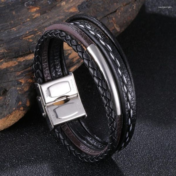 Pulseiras de charme vintage multicamada de couro preto de couro pulseira de corda de jóias de joalheria de mão inoxidável pulsa