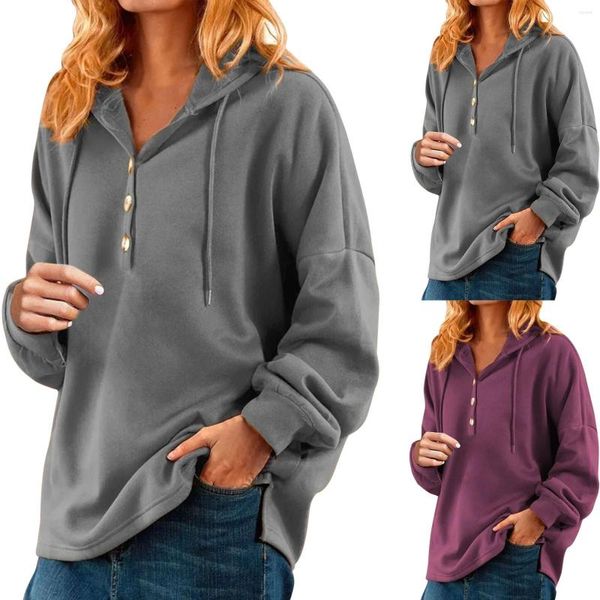 Damen Hoodies Split Saum Henley Button einfache Hemden Langschläfe Kordelzug Kapuze übergroße Wintertunika Länge Reißverschluss Up Hoodie