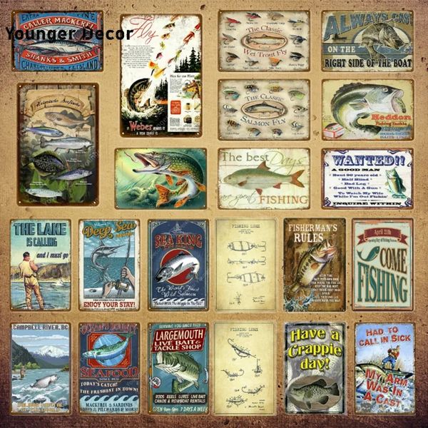 Venha pescar metal sinais de pescador regras de peixe poster clássico de salmão de salmão de metal pintura mosca vintage placa de parede adesiva bar bar externo homem caverna decoração de parede 30x20cm w01