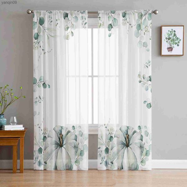 Cortina Ação de Graças Autumn Eucalyptus sala de estar de abóbora de tule transparente Janela de cortina decoração de cozinha decoração de cortinas de véu cortinas HKD230822