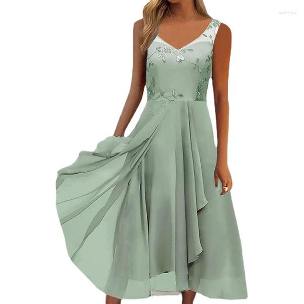 Lässige Kleider Sommer Chiffon Party Midi Kleid für Frauen V-Ausschnitt ärmelloses Femme Robe Druck Hohllout Gaze Braut Vestidos de Mujer