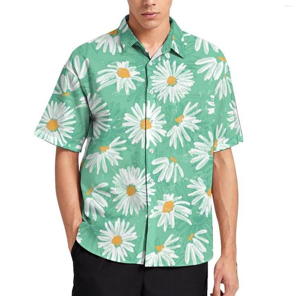 Herren lässige Hemden weiße Gänseblümchen Blusen männliche Blumen Print Art Hawaiian Kurzarm Vintage übergroße Strandhemd Geburtstagsgeschenk