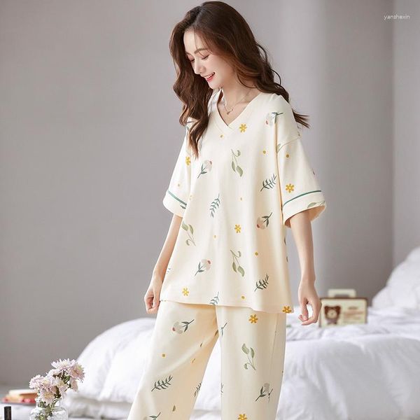 Женская одежда для сна Женщины пижама набор японской каваи растения печати пижамы летняя хлопковая футболка с теленкой.
