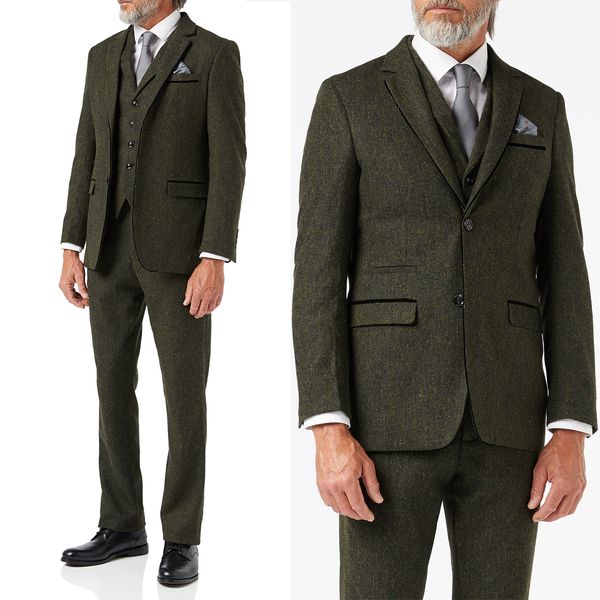 Fall Winter Tweed Men Suits for Wedding Slim Fit 3 Peças Tuxedos formal Notch Lapela Blazer Vest Pants Personalize Trajes de Hombre
