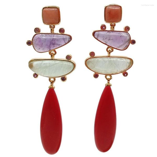 Brincos de balanço Yygem Red Turquesa Lágrima de Teardrop Natural Prehnite Amethyst Cz Pavor Corpo Prazed Stud Stud Style Romantic Style