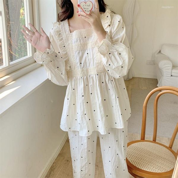 Women's Sleep abbigliamento Polka Dot Stampa Pijama Suit 2 PC con Pant Ladies Sleeve Long Spring Autumn Sweet Home Cltoh per femmina