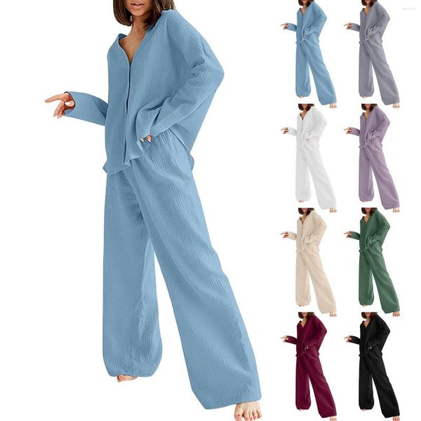 Женская одежда для сна, дама мода с твердым цветом хлопок свободная рубашка с длинным рукавом пижамы с двумя частями набор