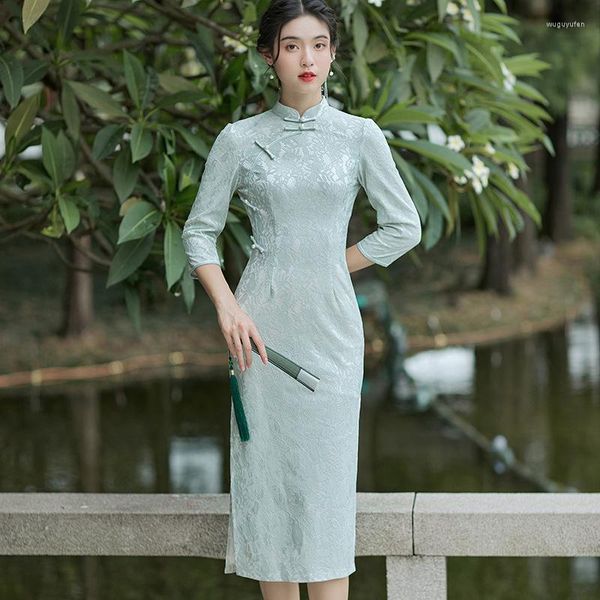 Ethnische Kleidung Spitze Patchwork Lake Blue Cheongsam Vintage Halbärmel Chinesisches traditionelles Kleid Slim Frauen Long Qipao S bis 3xl