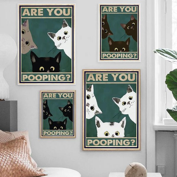 Canvas de animais engraçados pintando um poster de gato branco preto fofo e impressão de arte de parede retro banheiro decoração de casa sem moldura sem moldura wo6