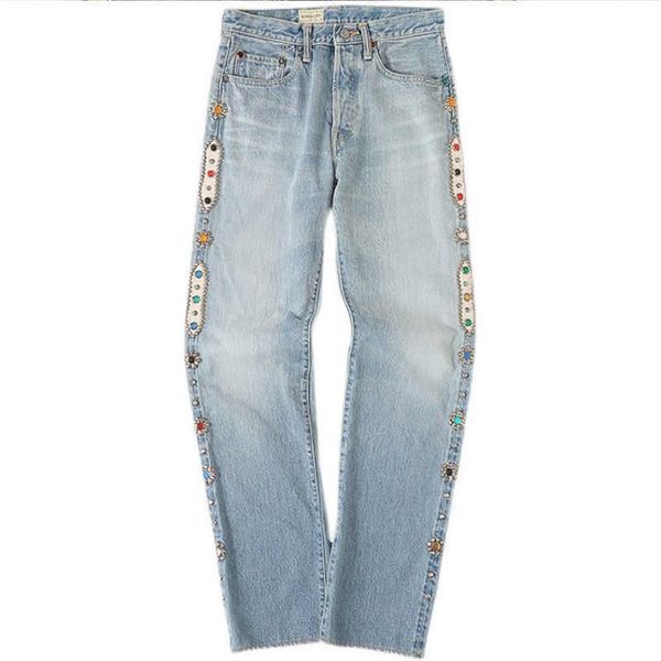 Jeans masculinos Independente Kapital Style Side Gem Rivet Jeans Lavado Reto Barrel Vintage Vibe Style High Street Pants2805