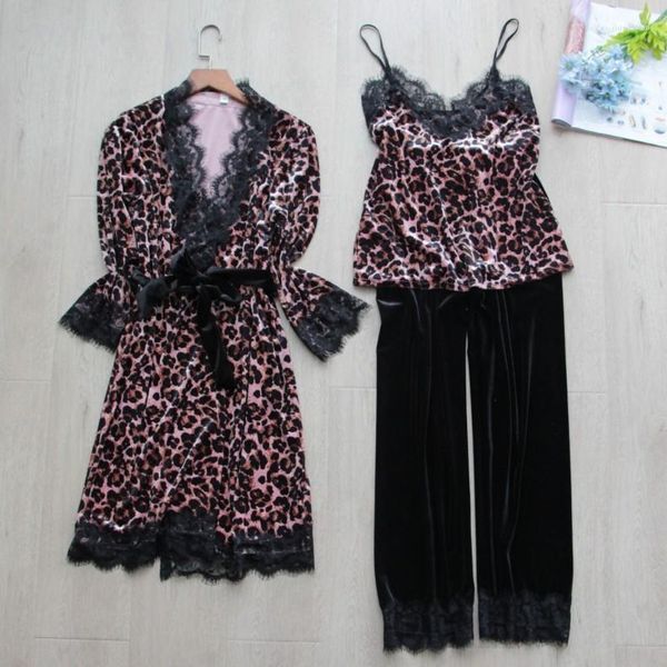 Abbigliamento da donna sexy leopard in pizzo rivestimento femmina accappatoio set di pigiami inverno inverno velto autunno inverno.