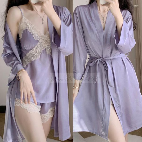 Frauen Nachtwäsche sexy Spitze 3pcs Pyjamas Shorts Set Frühlings Sommer Kimono Bademantel Kleid Casual Lose Seiden Satin Home Wear Pijamas Anzug