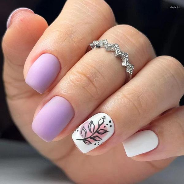 False Nails 24pcs French Frost Purple Falt Short Short Short White Cover Pressa piena su punte per unghie manicure