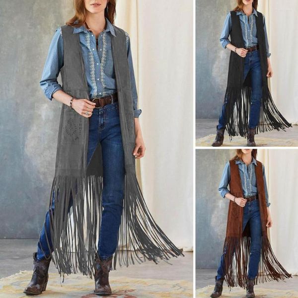 Coletes femininos de cor sólida coliatcolo elegante e elegante colete sem mangas 70s hippie cardigan com bolsos de remendo para cowboy cosplay boho