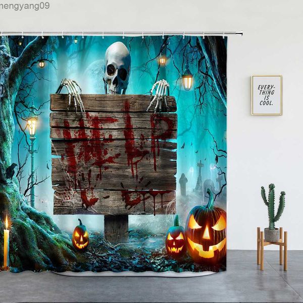 Cortinas de chuveiro esqueleto de outono de abóbora Cortina de chuveiro Halloween decoração de casa castelo castelo de terror de terror cenário florestal cortina de banheiro à prova d'água r230821