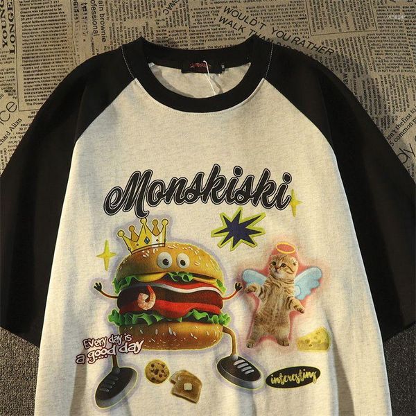 Мужские футболки T Pure Cotton Ins Burger Print Forte Forted Fort-Женская летняя сладкая ветра, все матч милая одежда Kpop Y2K топы