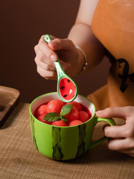 Tassen 450 ml hohe Aussehen Keramik Tasse süße Kaffeetasse Sommer Frauen große Kapazität Schöne Wassermelonen Textur