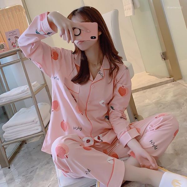 Frauen Nachtwäsche Frühling Sommer Süßes Cartoon Home Pyjamas Set Lapel Strickjacken Langarmhosen Lady Nachtwäsche Frauen