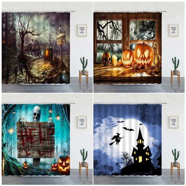 Tende da doccia Scheletro Autunno Zucca Tenda da doccia Halloween Decorazioni per la casa Teschio Castello Strega Horror Foresta Paesaggio Tenda da bagno impermeabile