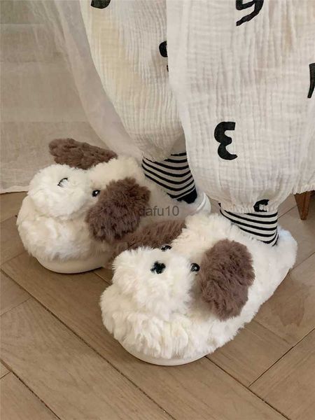 Slippers engraçados de cachorro fofo algodão chinelos de algodão feminino 2022 novo inverno anti-esquili e quente e quente salto macio Soled Home Slipper HKD230821