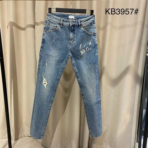 Versione alta uomo jeans alla moda pantaloni strappati pantaloni designer lettera slp lettera ricamato pantaloni di denim maschile jeans2570