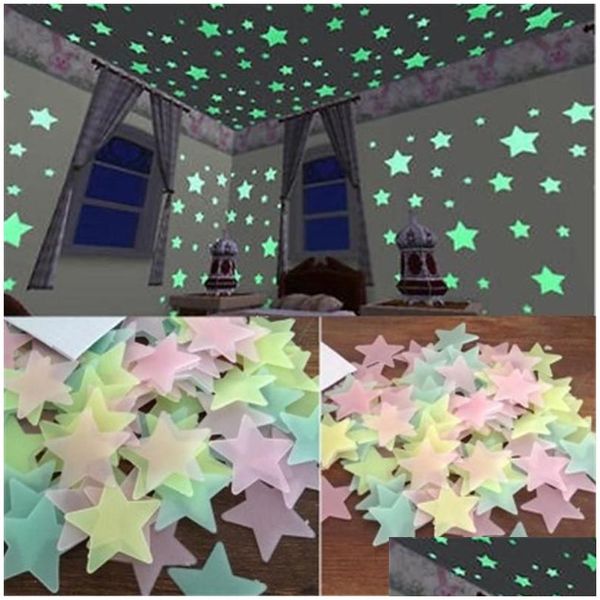 Wandaufkleber größere 3D -Sterne leuchten in der dunklen 3,8 cm leuchtenden Fluoreszenz für Kinder Babyzimmer Schlafzimmer Decken Wohnkultur Drop Lieferung Dhfou