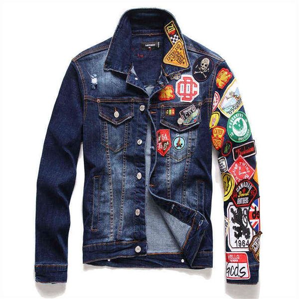 2022 бренд мужские джинсовые куртки мужские модные повседневные рваные значок Джин Коутс Стрит Хип -хоп Панк Блю D2 Джинсовая ткань Coats346i