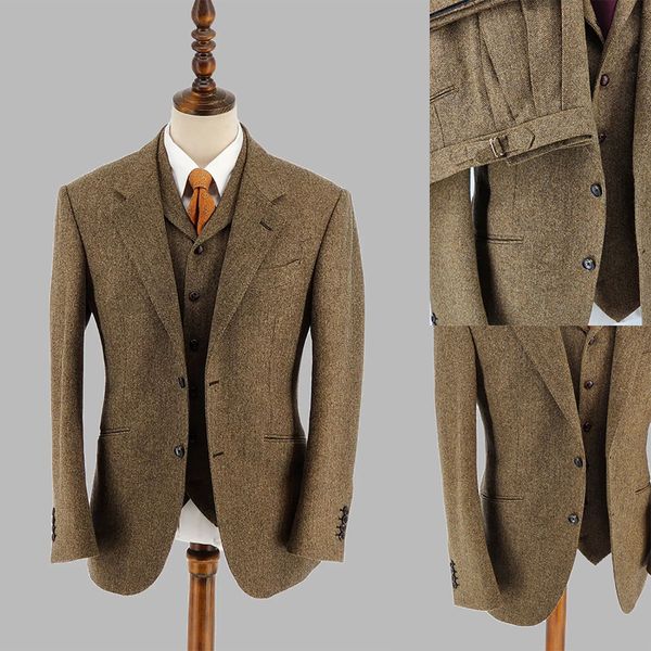 Brown Tweed Men Sust 3 pezzi per spicco personalizzato per matrimoni indossare dentellata slim fit skiplow giacca da cambio di pantaloni