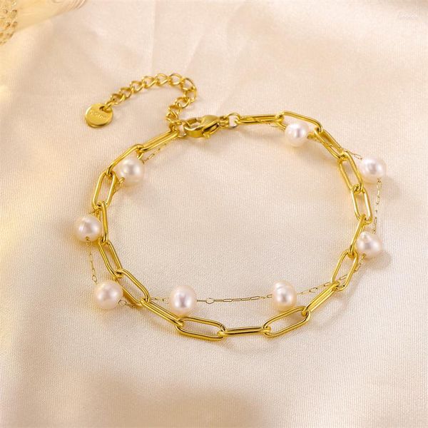 Link Armbänder Perle Edelstahl Doppelschicht Armband Schmuck Verstellbare Damen Geschenk 18k Goldkettenbeschichtung