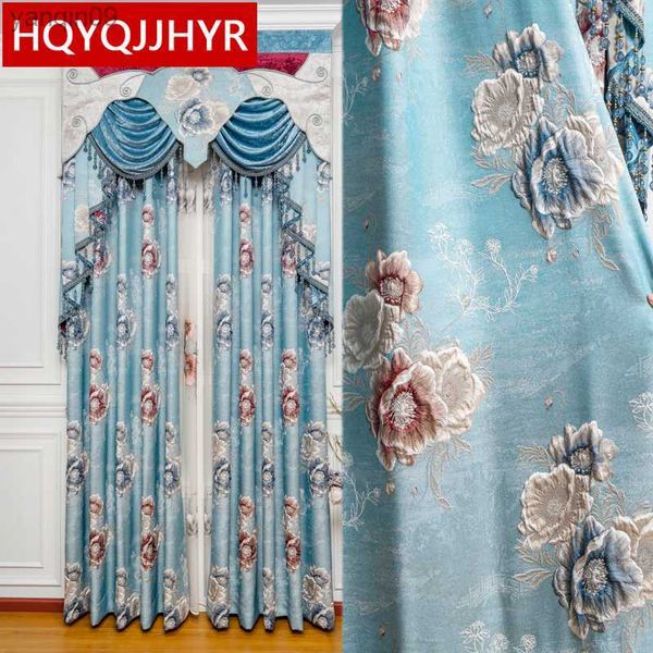 Cortina azul European Luxury Villa 3D Blackout Full Blackout Cortans decorativas para janelas da sala de estar cortinas personalizadas de quarto de alta qualidade HKD230821