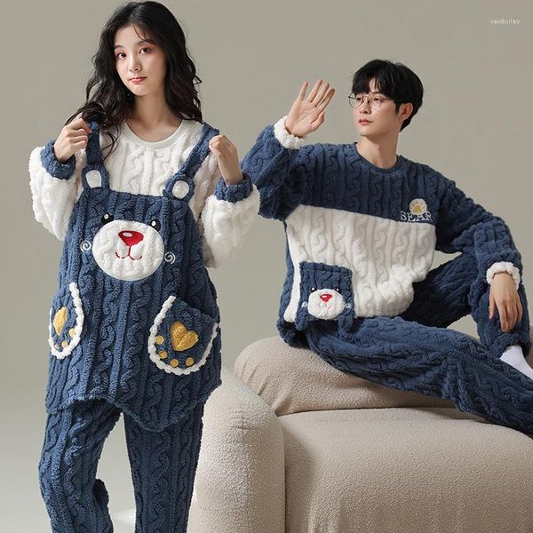 Kadın pijama 2023 Sonbahar Kış Çiftleri Pijamalar Set Kadın Erkek Mercan Peluş Kalın Ev Kıyafetleri Karikatür Ayı Kürk Pazen Pijama Wps118