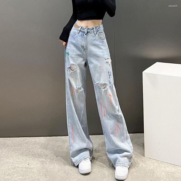 Женские джинсы Дизайн чувства окрашенные отверстия с высокой талией.
