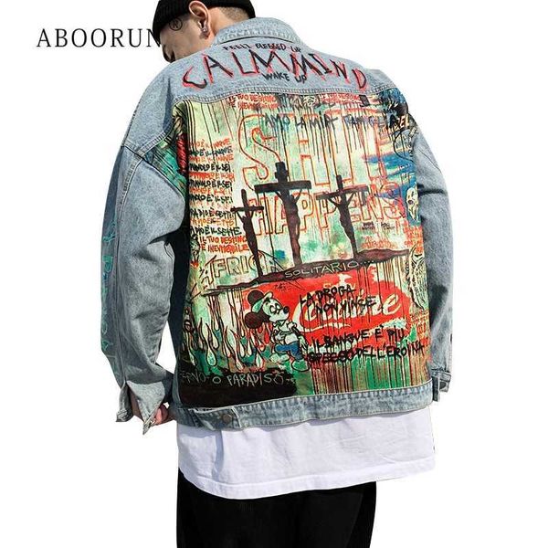 Giacche da uomo aboorun hip hop jeans giacche di jeans di moda graffiti giacche di jeans stampato streetwear oversize cappotto per maschio R1200 J230821