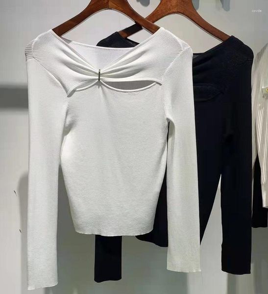 Maglioni femminili 2023 primavera estate di maglieria di alta qualità signore sexy slash collo a maniche lunghe nere casual jumpers nero