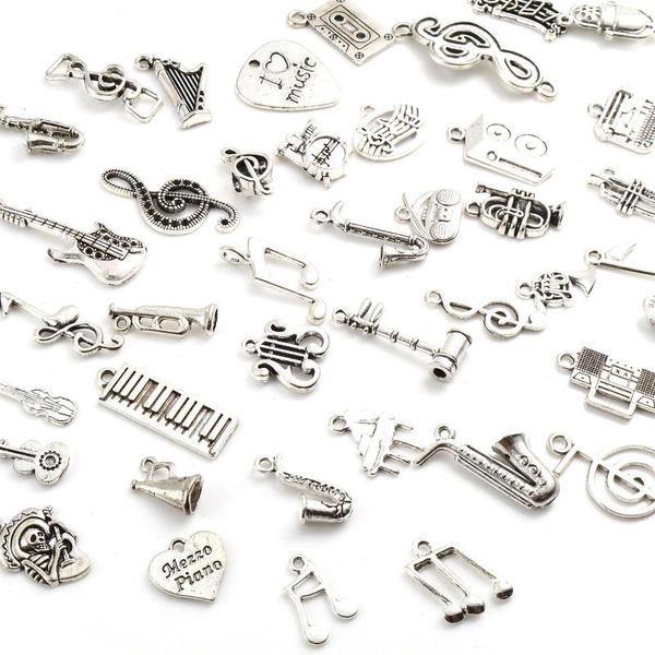 Colares pendentes 40 PCs/Pacotes Mmusical Noteusic Pingentents Tuba Musical Instrument Antique Silver Color Note Charms Acalhos