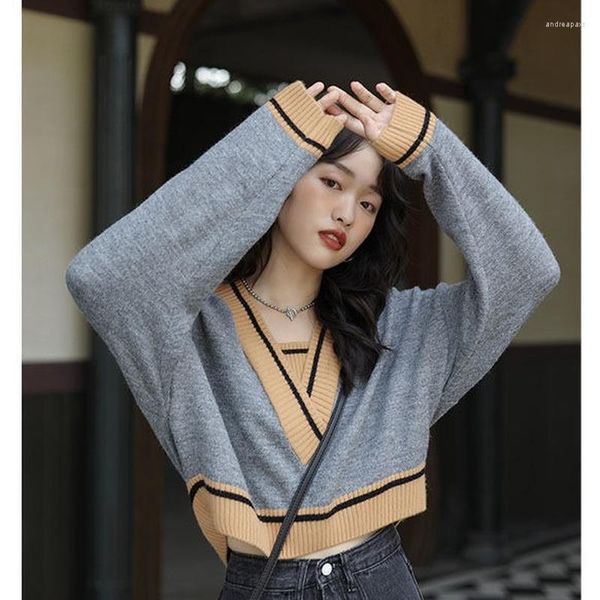 Женские свитеры Женщины пулверы лоскутные вязаные вязаные v-образные короткие сексуальные сладкие студенты уличная одежда свободна мягкие эст-корейские джемперы моды