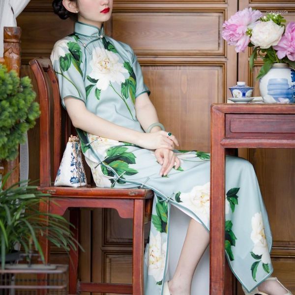 Roupas étnicas 2023 Verão elegante cetim colar colarinho floral vestido de cheongsam vestido quipao chinês para mulheres vestido de baile asiático