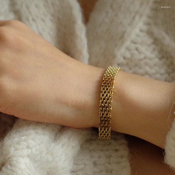 Link Armbänder Vintage Statement Armband Schmuck 18K Gold plattiert Flachkette Edelstahl Mesh Frauen