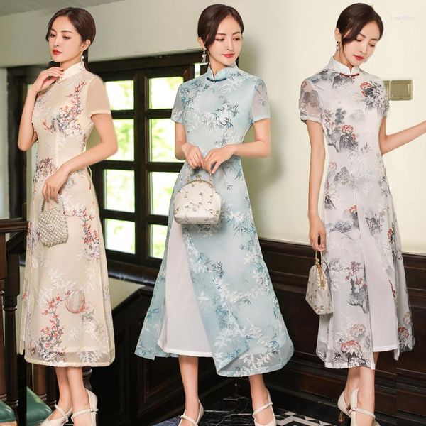 Ethnische Kleidung 2023 Frühling Sommer verbesserte Cheongsam -Kleid Langrock Mode Mädchen Chiffon Sticked Chinese Style Frauen Qipao