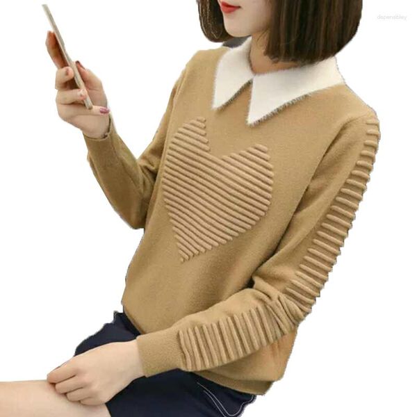 Camisolas femininas 2023 Mulheres suéter Spring Autumn Dollar Collar Twits Pullover de manga cheia de tamanho grande fêmea solta Top K823