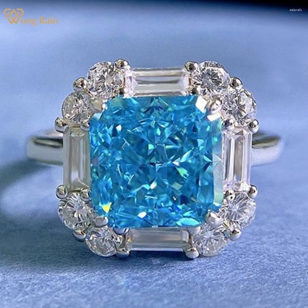 Clusterringe Wong Regen 925 Sterling Silber 8 8mm Crushed Cut Lab Aquamarine Gemstone Engagement Juwely Ring für Frauen Hochzeit Geschenk