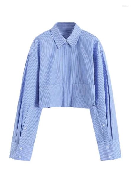 Camicette da donna 2023 ragazze patch task tasch tascabile camicie corte irregolari donne estate in alto a vita blu tops chic lady poplin